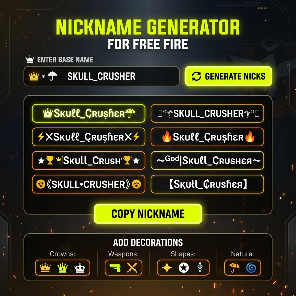 Siyah ve neon sarı renklerde tasarlanmış modern bir Free Fire nick oluşturucu araç arayüzü