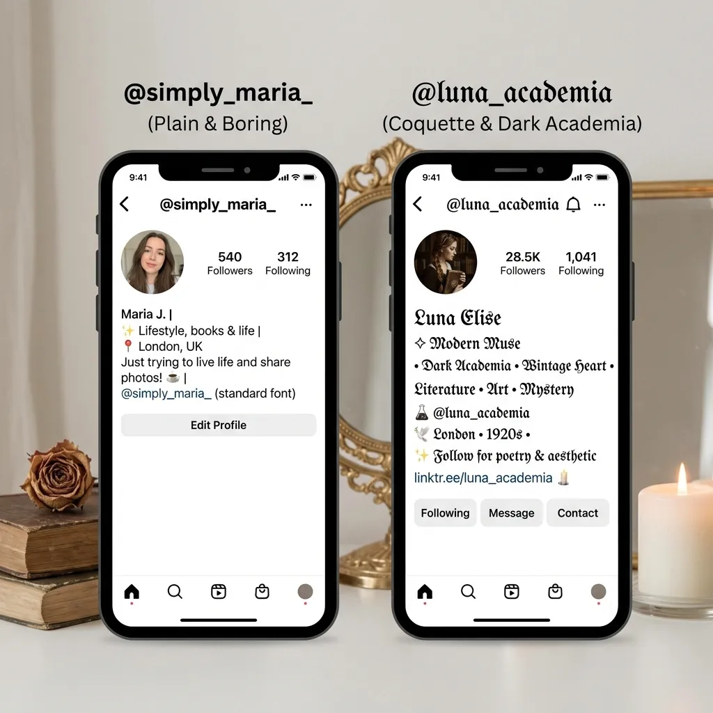 Sıradan bir Instagram biyografisi ile özel cursive fontlar ve minimalist semboller kullanılarak tasarlanmış estetik bir biyografinin yan yana karşılaştırması